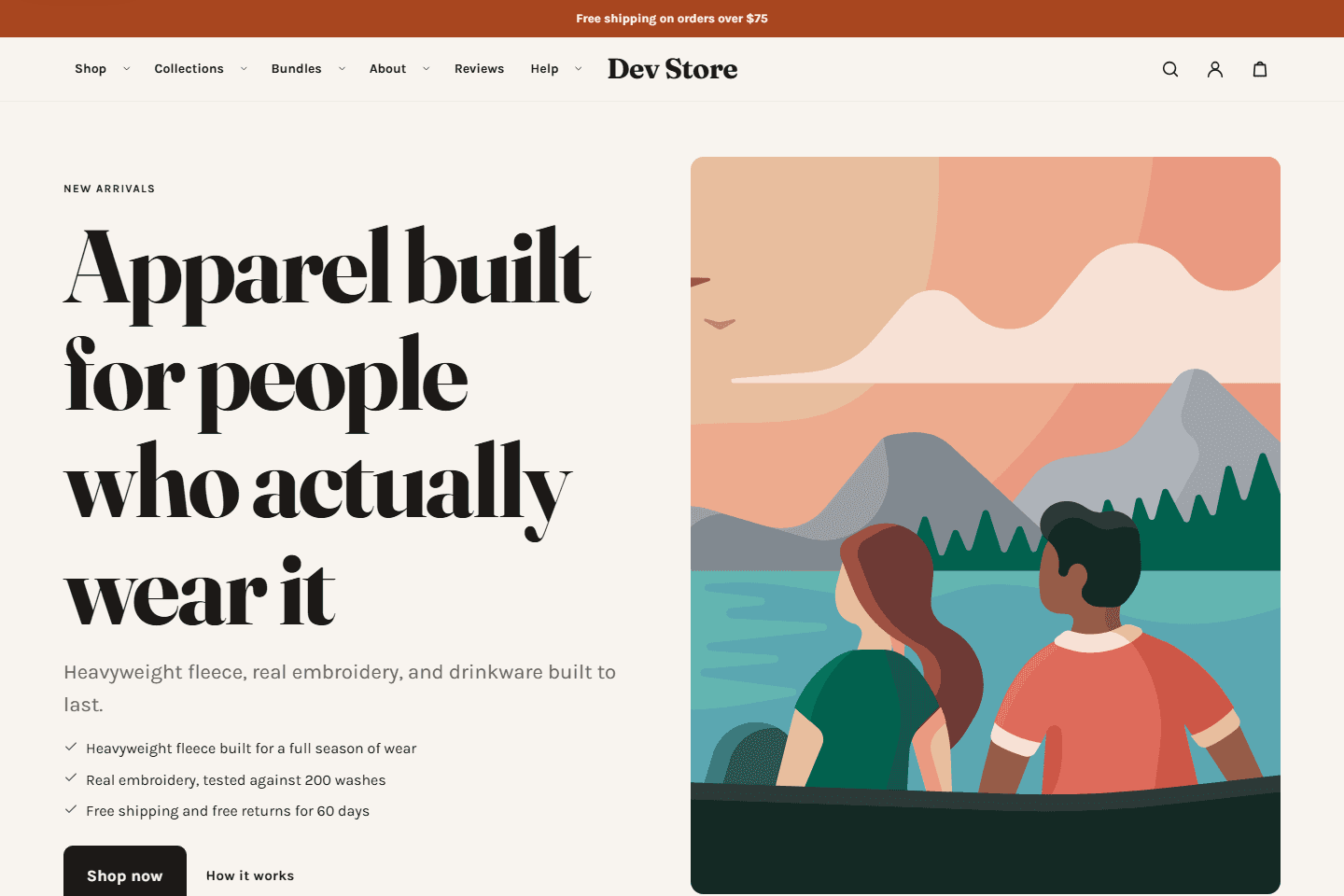 Cairn theme rendering a demo storefront homepage in the Waymark preset: serif hero headline, review strip, and warm stone palette